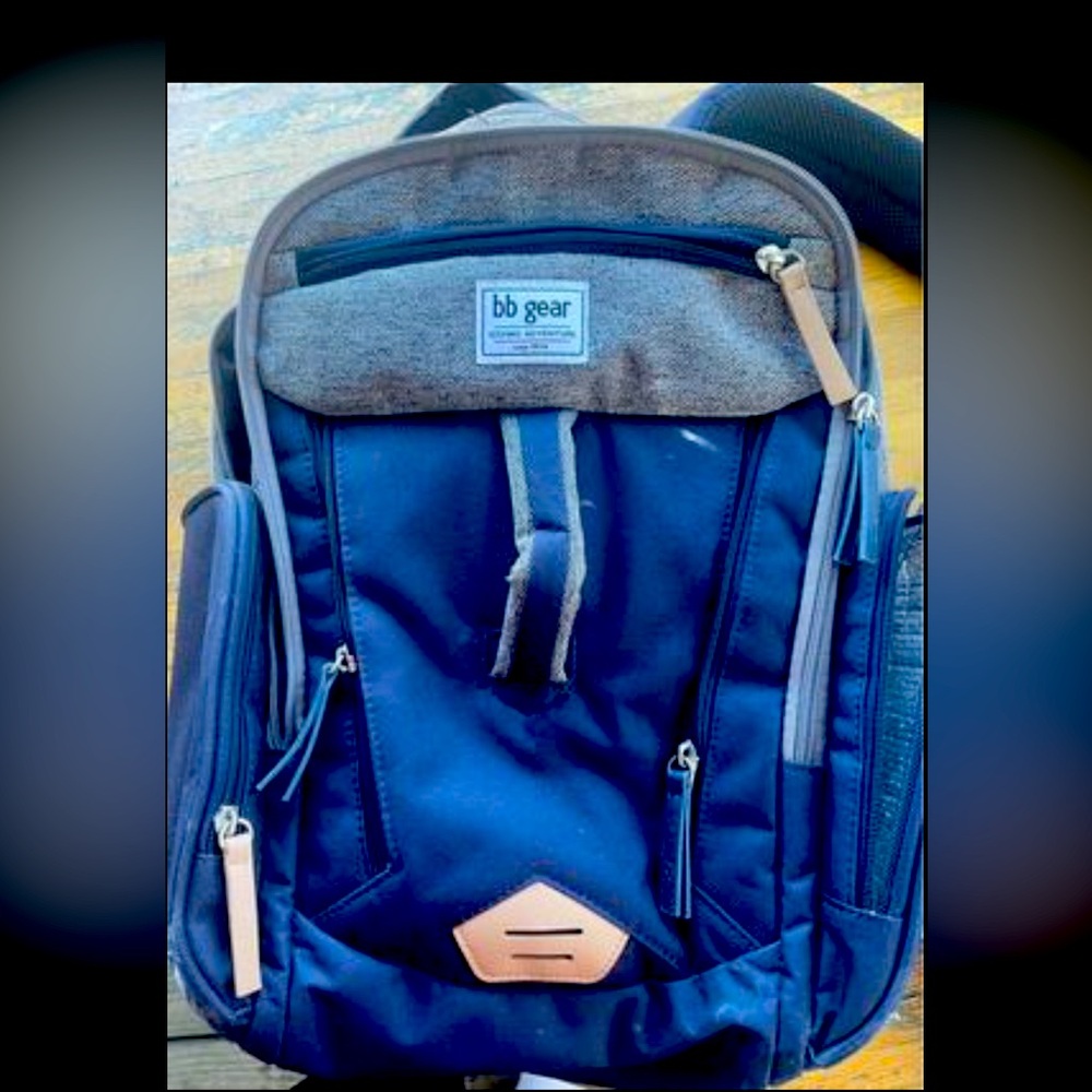 BB GEAR blue and grey diaper bag. Multiple pockets, Insulated pockets on side.